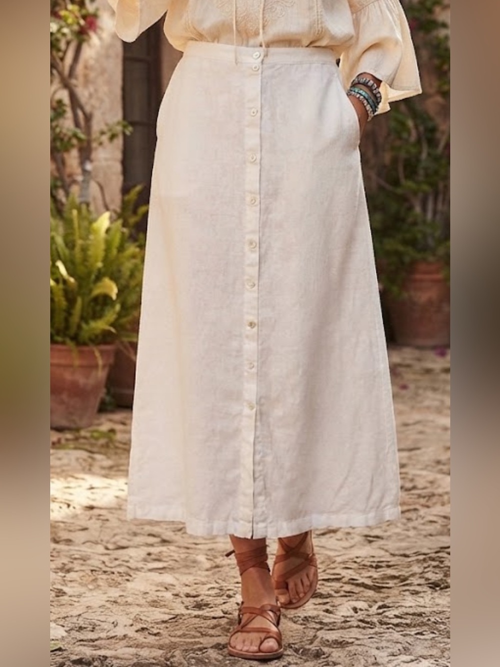 Garnet Hill Linen Maxi Skirt White Button Front European Linen Size 8
